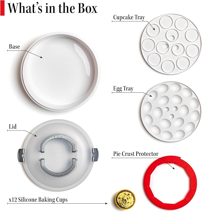Premium 4 in 1 Cupcake Carrier with Lid - Cupcake, Deviled Egg, Pie & Cake Container - Includes Pie Crust Shield & 12 Silicone Baking Cups