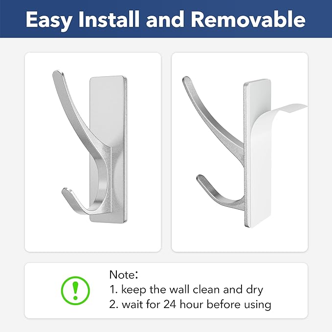 pickpiff Silver Self Adhesive Coat Hooks for Hanging: 13LB Extra Strong Stainless Wall Hook for Towel, Utensil, Backpack, Hat, Sturdy Metal Hanger for Bathroom, Kitchen, Door, 4-Pack
