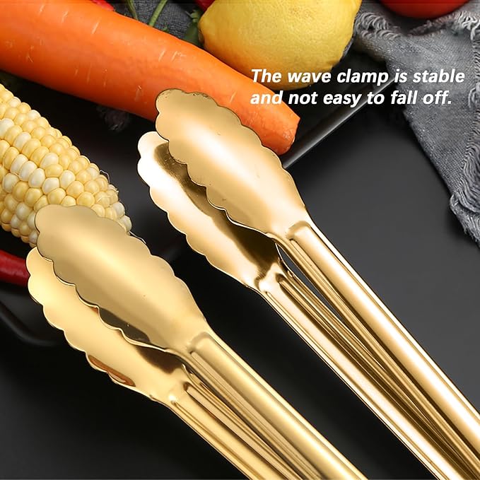 Gold Serving Tongs & Utensils, 4 Pack 9 Inch Non-slip Grip Stainless Steel Gold Tongs for Serving Food, Buffet, Party, Salad & Ice