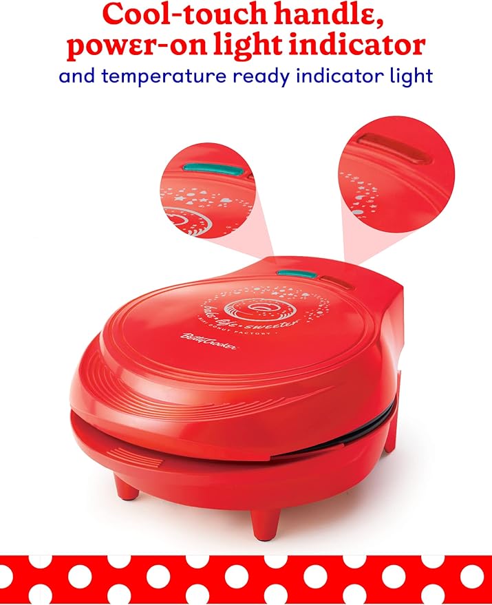 BETTY CROCKER Donut Maker, Mini Donut Maker with Nonstick Surface, Mini Donut Maker Machine with Cool Touch Handle & Makes 7 Delicious Fresh Donuts in Minutes, Red