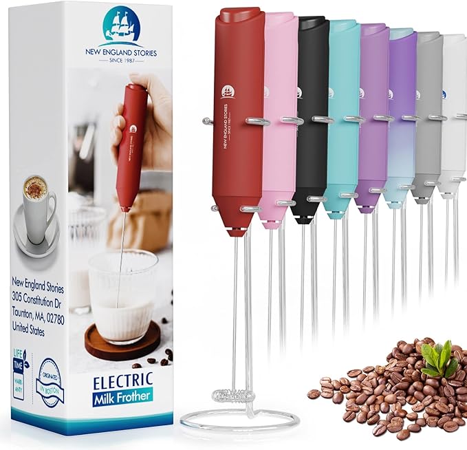 Powerful Milk Frother Handheld Foam Maker, Mini Whisk Drink Mixer for Coffee, Cappuccino, Latte, Matcha, Hot Chocolate, With Stand, Red