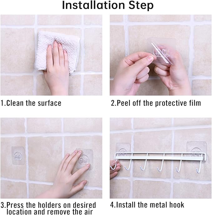 Rainmae 2 Pack Wall Hooks Rack Rail, Space Saving Wall Hanger No Drilling with 6 Hooks for Bathroom, Bedroom, Closet, Stainless Kitchen Tools for Hanging Knives, Spoon