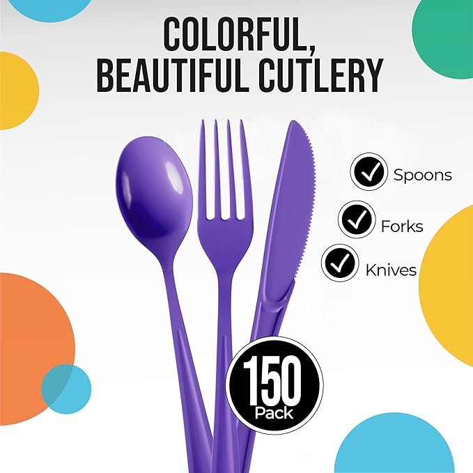 Party Solids Purple Plastic Silverware Heavy Duty 150 Pieces Purple Plastic Cutlery Sets, Utensil Sets, 50 Of Each Forks, Knives & Spoons Disposable Cutlery Set, Flatware Set For Party Supplies
