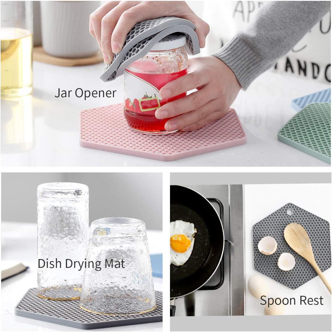 4 Packed Silicone Trivet Mats - DIY Different Size Dish Drying Mat, Hot Pot Holder for Pots & Pans, Non-Slip & Heat Resistant Kitchen Hot Pads for Countertops & Table, Black