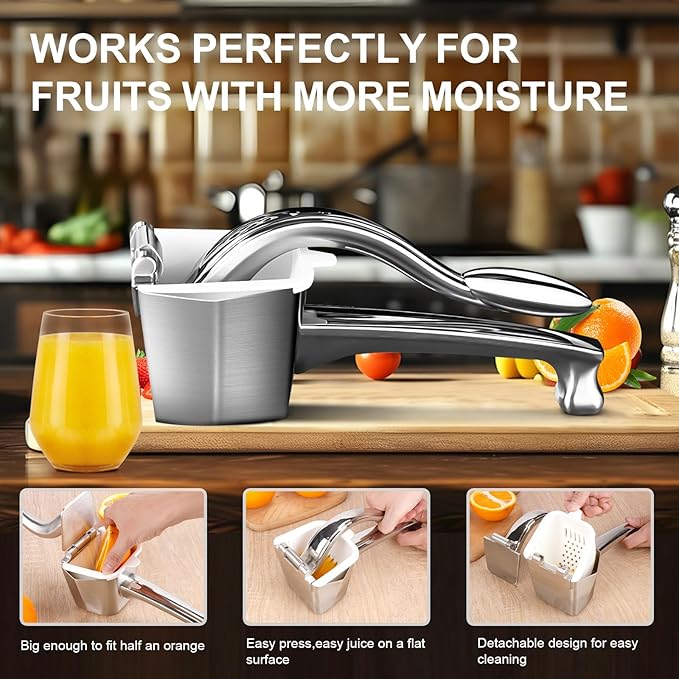 Manual Citrus Juicer Press - Heavy Duty Stainless Steel Lemon/Orange Squeezer, Non-Slip Ergonomic Handheld Fruit Press, Rustproof & Dishwasher Safe Juice Extractor for Citrus, Exprimidor de Limones