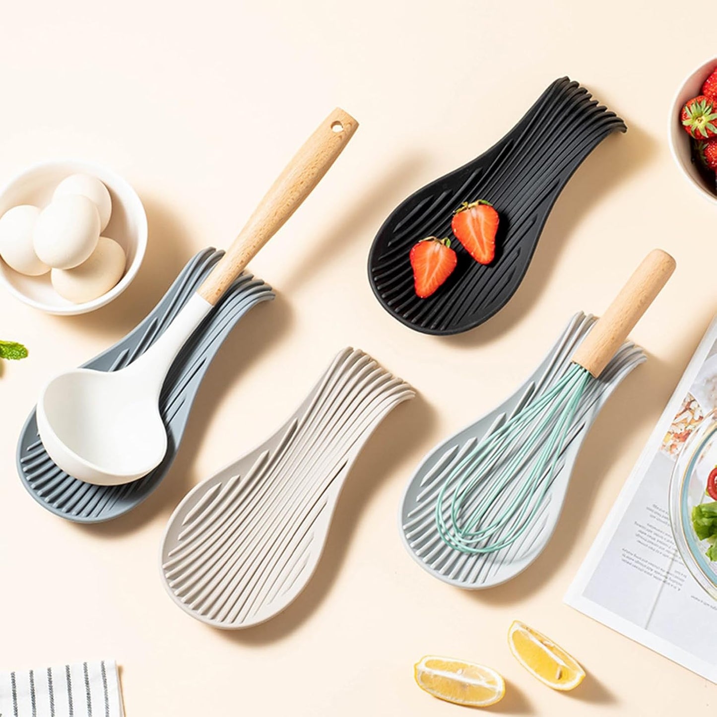 Stove Top Spoon Rest - Heat Resistant & Non-Slip Silicone Holder for Kitchen Counter, Large Cooking Utensil Res (Light Gray)