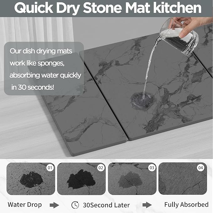 2PCS Stone Drying Mat for Kitchen Counter, Dark Gray with Black Veins Large Stone Dish Drying Mat - Diatomite Earth Water Absorbing Drying Stone for Kitchen Counter Mat, Quick Dry Stone Mat Kitchen