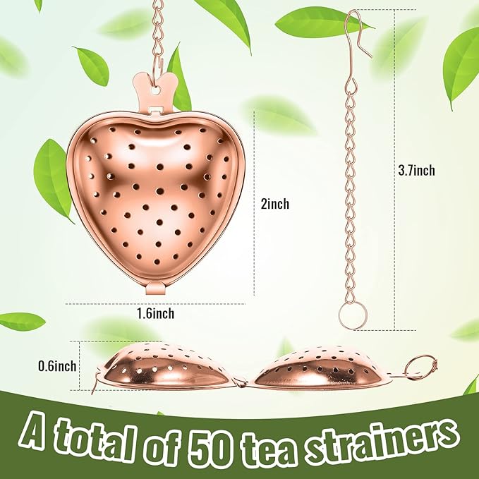 Sumind 50 Pcs Stainless Steel Tea Strainer Ball Infuser Loose Leaf Steeper Interval Diffuser Heart Shape Mesh Filters with Extended Chain Hook for tea party Seasonings Cup Bottle(Rose Gold)