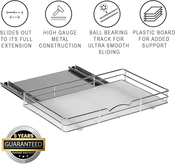 Pull-Out Cabinet Spice Rack Organizer - Slim Slide-Out Storage for Spices, Bottles & Jars, Premium Heavy-Duty Steel, Easy Install for Narrow Kitchen Cabinets - 18 ⅜ W x 10 ½ D x 2 ¾ H, Chrome