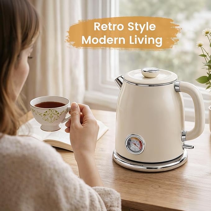 Mecity Retro Electric Kettle 1.7L, Stainless Steel Interior (No Plastic Contact), Double Wall Cool Touch, Fast Boil 1500W, Thermometer (°F/°C), Removable Lid, Wide Opening Easy Cleaning, 120V, Cream
