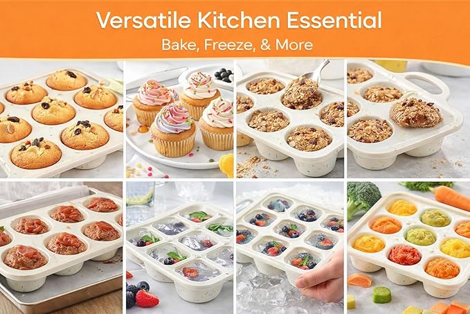 2-Pack 12-Cup Silicone Cupcake Pan, Nonstick Flexible Muffin Pan, Dishwasher Safe Muffin Tray with Handles, Seamless Silicone Muffin Tin for Baking Egg Bites & Cupcakes