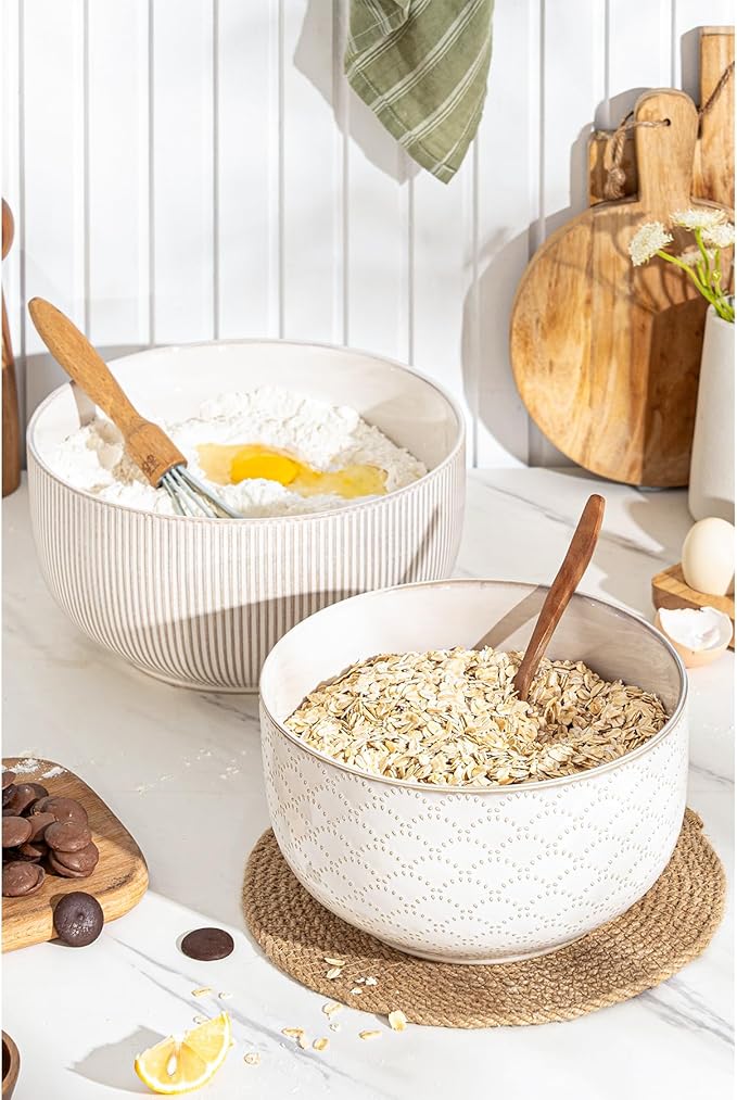 Mikiegy Ceramic Mixing Bowls Set of 2, Nesting Ceramic Embossment Stoneware Mixing Bowls for Cooking, Serving, Popcorn, Salad etc, Microwave & Dishwasher Safe, 98/145 oz, Off-White