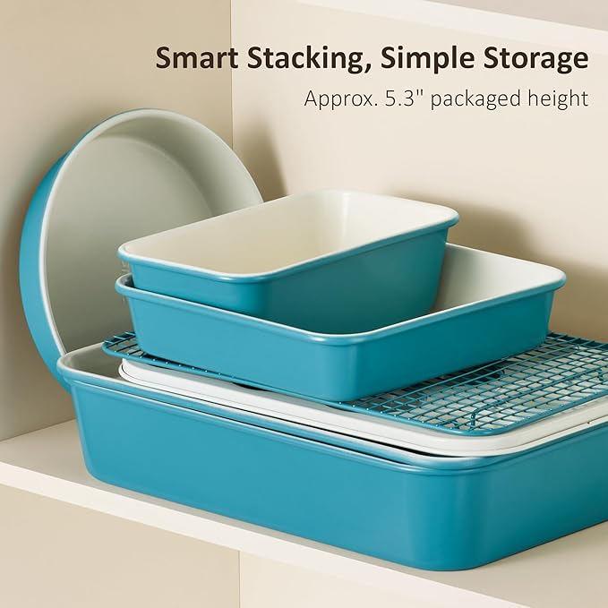CAROTE 7-Piece Ceramic Baking Pans Set, Aluminized Steel Bakeware Sets, Toxin-Free Nonstick Stackable Oven Pans with Cookie Sheet, Muffin Pan, Loaf Pan, Roasting Pan, Cake Pans, Cooling Rack