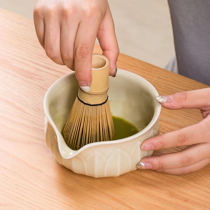 Matcha Whisk Set - 7pcs Japanese Tea Ceremony Kit with Spouted Bowl & Bamboo Whisk, Matcha Starter Kit for Beginners - Authentic Green Tea Accessories, Gift Set for Lovers-Pale Yellow