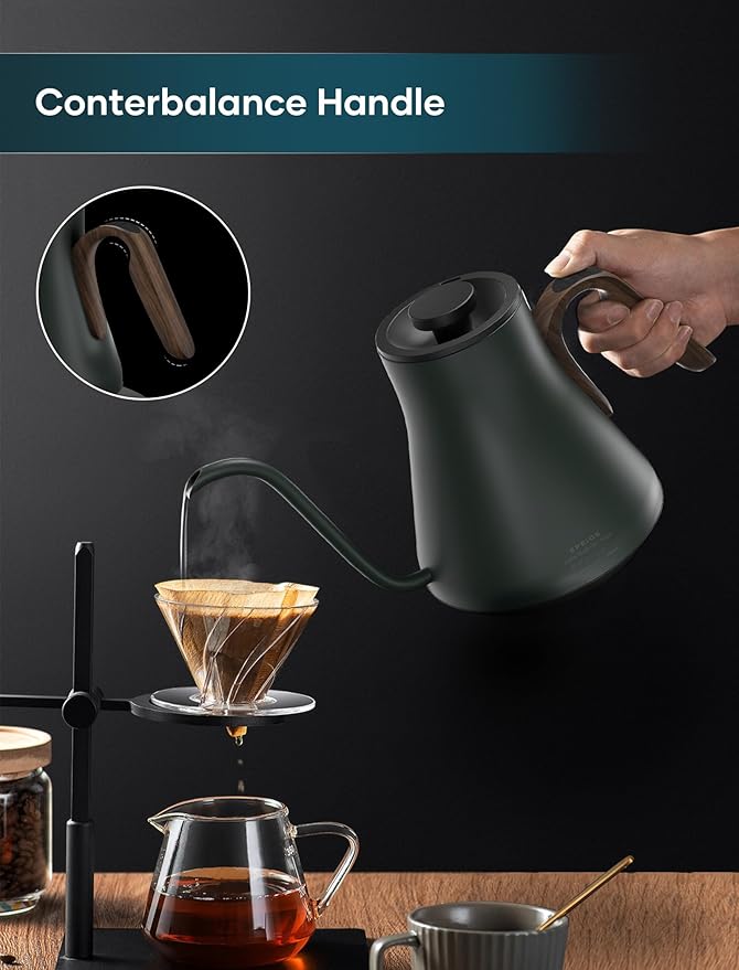 INTASTING Gooseneck Electric Kettle with ±1℉ Temperature Control for Pour Over Coffee & Tea, Quick Heating, BPA-Free Stainless Steel, Built-in Brew Timer, 1500W/0.9L (Rainforest)