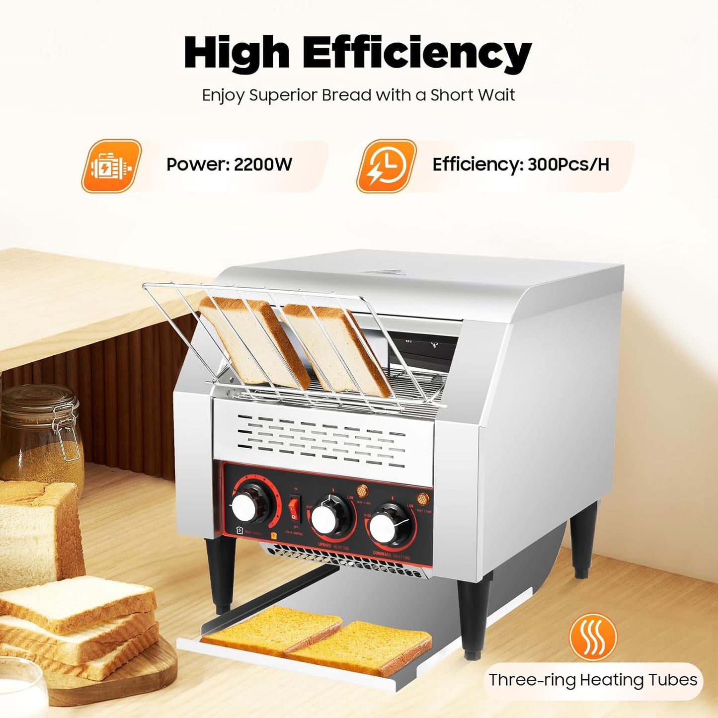 Commercial Conveyor Toaster 300 Slices/Hour, 2200W Stainless Steel Heavy-Duty Industrial Toasters/Three-ring Heating Tubes, Electric Bun Toaster Restaurant Equipment for Bun Bagel Bread Baked Food