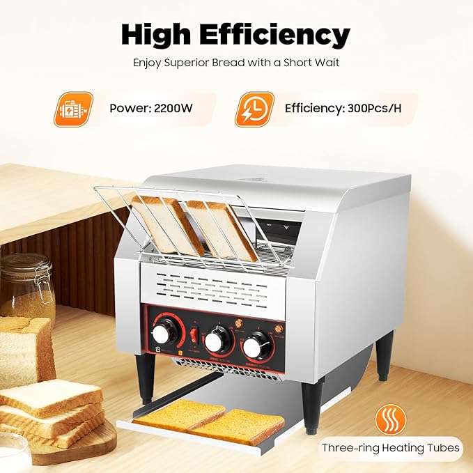 Commercial Conveyor Toaster 2200W, 300 Slices/Hour Stainless Steel Bread Oven with Dual Temp Control & Double Chutes - 7-Speed Adjustable