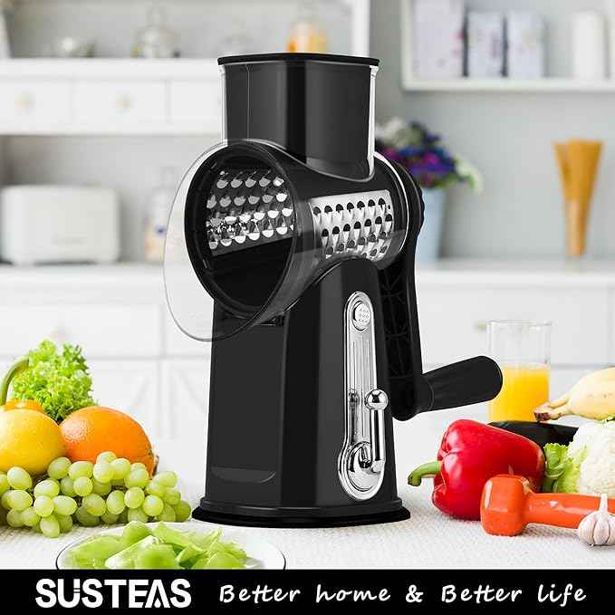 SUSTEAS Rotary Cheese Grater with Handle - Vegetable Shredder with 5 Well-designed Blades & Strong Suction Base,Round Mandoline Slicer & Food Chopper for Kitchen,with Blade Storage Box(Black)