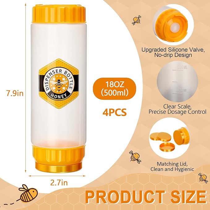 SiliFine 4 Pcs Honey Dispenser No-drip with Lid, Honey & Syrup Squeeze Bottle, Refillable Condiment Bottle Bpa-free, More Hygienic for Sauces Ketchup Kitchen Pancakes Salad Dressings (18 oz)