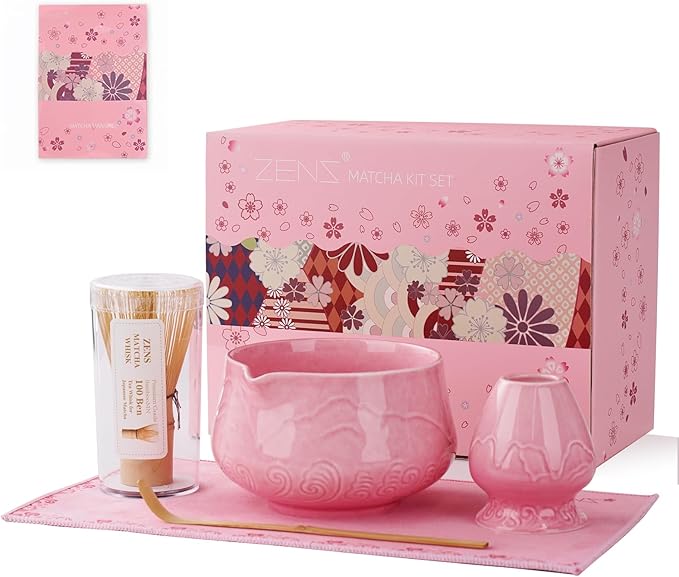 ZENS Pink Matcha Set, Matcha Whisk Set Includes Ceramic Bowl, Matcha Whisk and Chasen Holder, Bamboo Scoop-Tea Towel, 5pcs Matcha Kit Set for Matcha Lovers, Sakura Pink