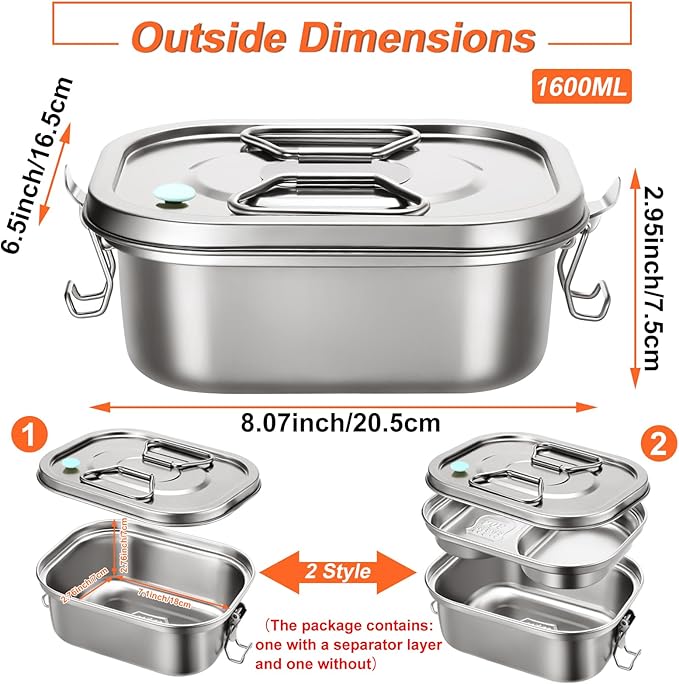 2 Pieces Metal Bento Box for Adults Metal Lunch Box Stainless Steel Bento Containers Leakproof Dual Tiers Lunch Container With Airtight Valve Handle Dishwasher Safe(Medium)
