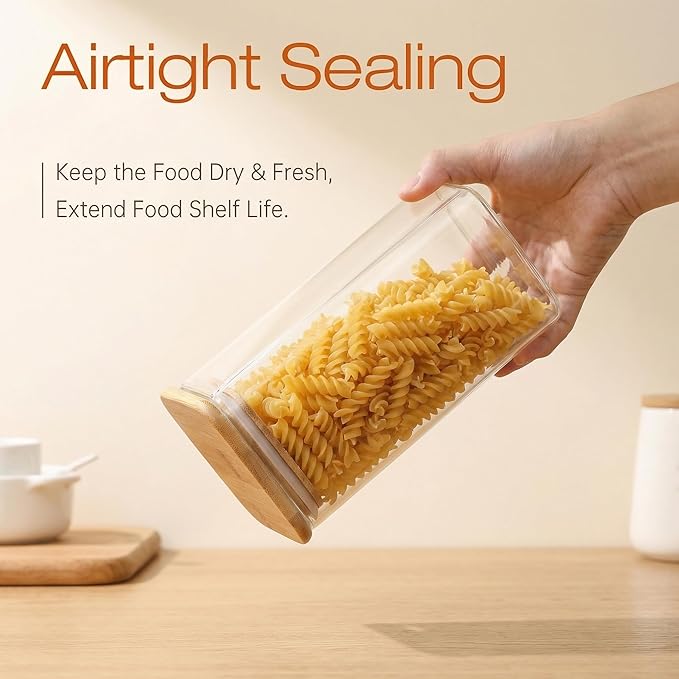 Extra Large Square Glass Flour & Sugar Storage Containers with Airtight Lids, 168 floz & 84 floz - 2 Pack Glass Jars with Bamboo Lids, Air tight Food Storage Containers for Cereal, Pasta, Rice
