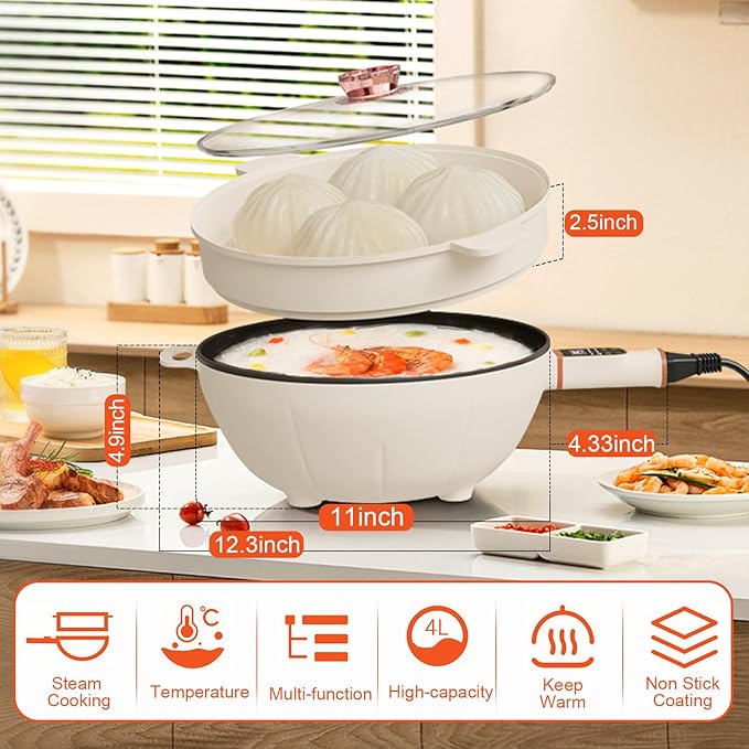 4L Electric Skillet 1000W Electric Cooker with Non-Stick Coating & Steamer, Timer & Schedule Cooking Settings, 12" Large Electric Hot Pot with Lid for Soup, Pasta, Frying, Stir-Fry