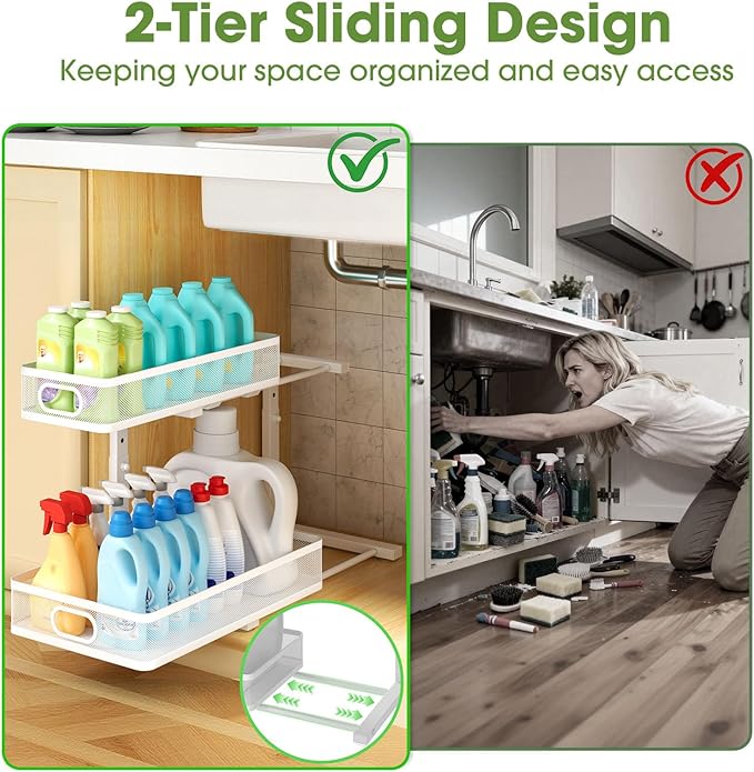 Under Sink Organizer 4-Pack, Metal 2-Tier Pull-Out Cabinet Shelf with Slide-Out Mesh Drawers, Height Adjustable, Space-Saving Storage Racks for Kitchen, Bathroom, Laundry Room, White