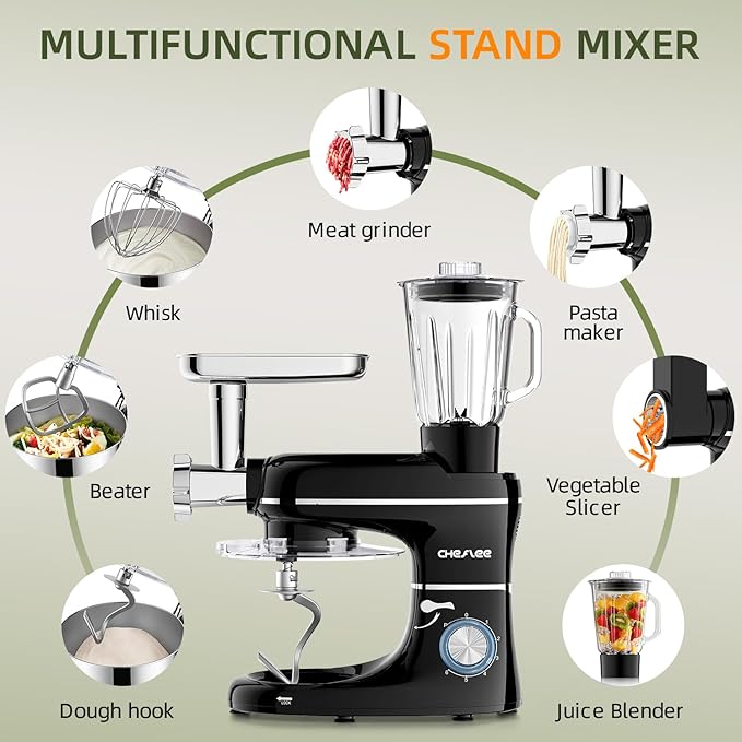 CHeflee Multifunctional Stand Mixer,660W, 6.5QT With Meat Grinder, Vegetable Slicer &1.5L Juice Blender,for Most Home Cooks,Black