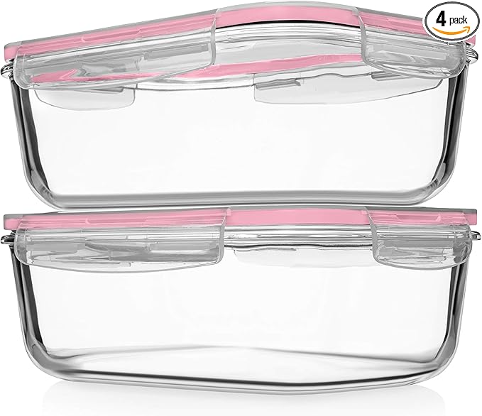 Razab 4 PC 1860ml / 63 Oz / 8 Cups Large Glass Food Storage Containers with Lids - Glass Meal Prep Containers for Roasting & Storing Leftover, Lunch Container with Lids, Microwave & Oven Safe