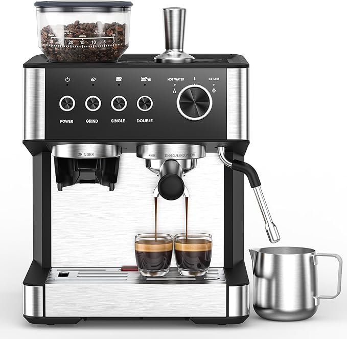 Electactic Espresso Machine 15 Bar with Built-in Anti-Clog Coffee Grinder,Stainless Steel Coffee Maker with 77.8 oz Removable Water Tank for Cappuccino/Latte,Home&Office,Black