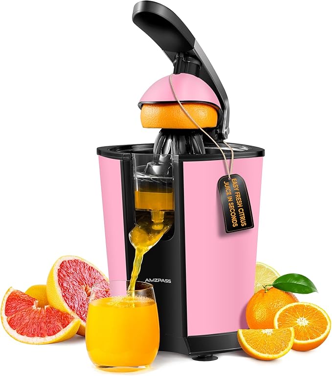 Electric Orange Juicer, Citrus Juicer Squeezer with 2 Cones and Soft Grip Handle for Effortless Juicing, Stainless Steel Quiet Orange Juice Extractor Machines for Lime Grapefruit Lemon, Pink