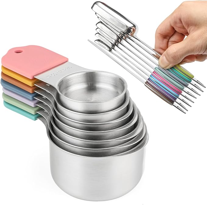 Magnetic Measuring Cups and Spoons Set, 7 Stainless Steel Measuring Cups and 7 Rectangular Metal Teaspoon with 1 Leveler for Cooking & Baking (Colorful)