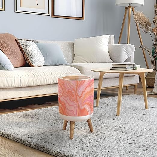 Trash Can with Lid Coral Living Fractal Abstract Prism Glitch Effect Color Year 2019 Press Top Round Small Garbage Bin with Wooden Legs Waste Basket for Kitchen Bedroom Nursery 7L/1.8 Gallon