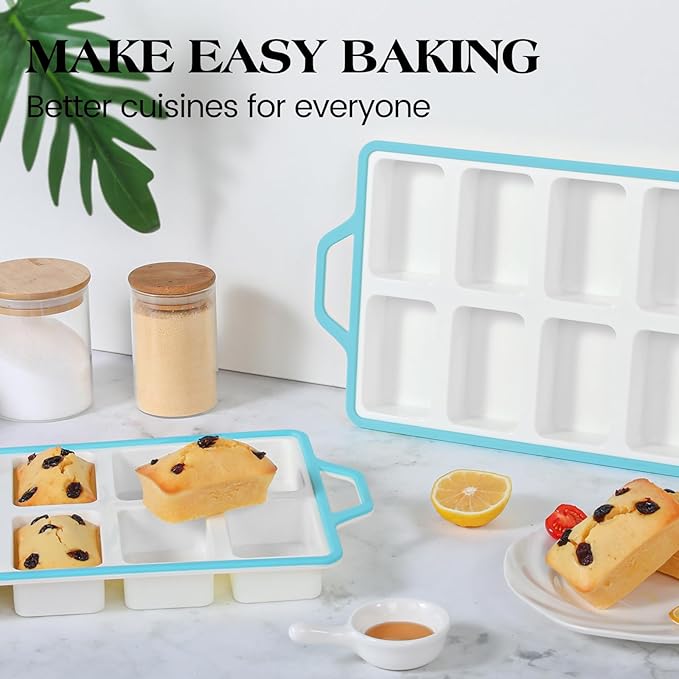 Vinino Silicone Mini Loaf Pans with Metal Reinforced Frame-2 Pack, Non-stick Silicone Bread Pan for Baking 8-Cavity, Tiny Banana Bread Set, Dishwasher Safe Brownie Pan-Blue