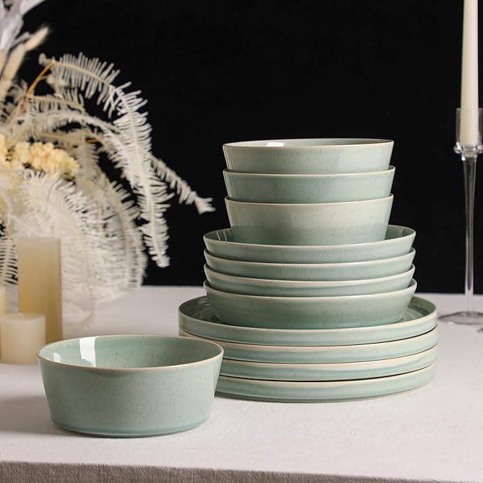 Stone Lain Claire 24-Piece Dinnerware Set Stoneware, Plates and Bowls Set, Dishwasher and Microwave Safe, Dish Set for 8, Green