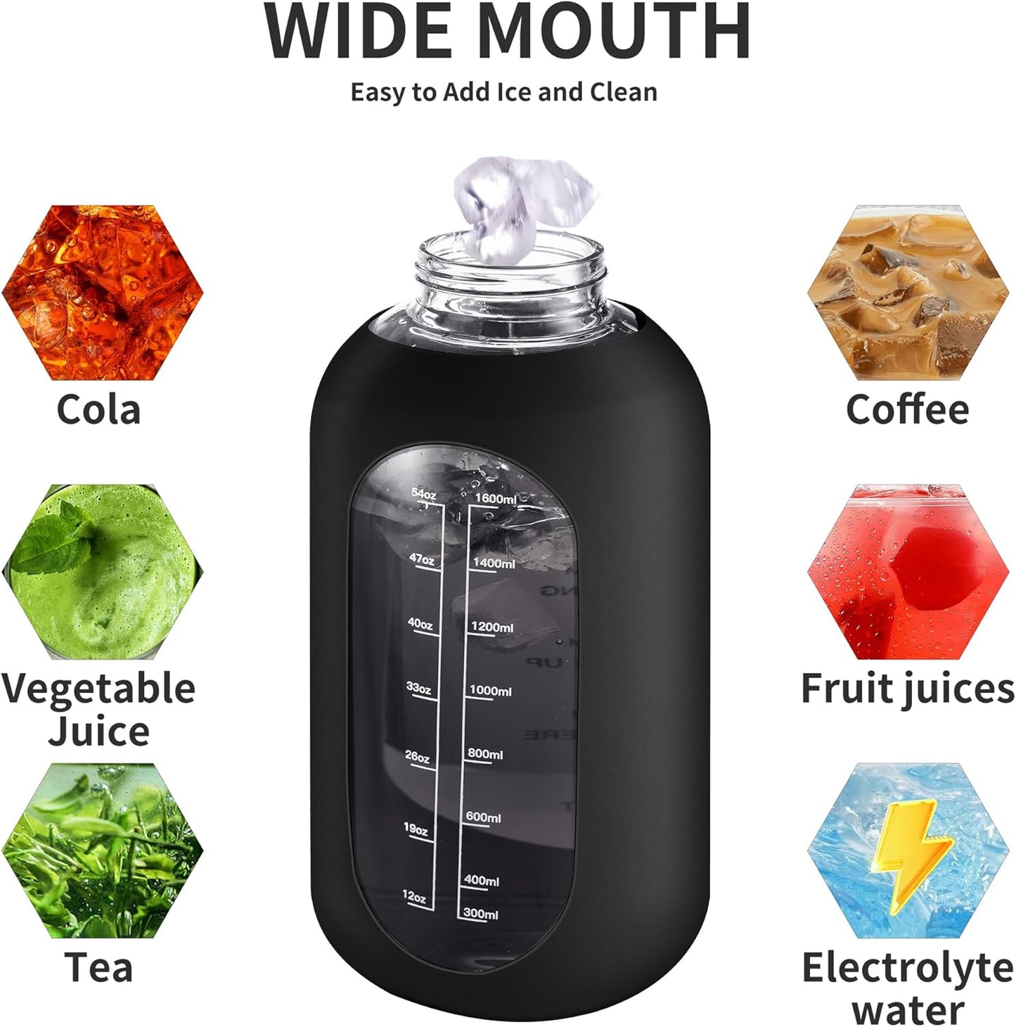CIVAGO 64 oz Glass Water Bottle Jug with Straw and Handle, Half Gallon Sports Motivational Water Bottle with Time Marker, Wide Mouth Water Flask Canteen with Silicone Sleeve for Gym,Smog Blue