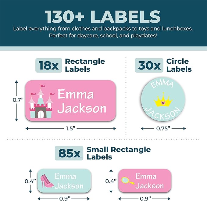 Personalized Daycare Name Labels for Kids (130 Labels) - Custom Waterproof Name Stickers for Clothing Tags, Water Bottles, Lunch Boxes and School Supplies (Princess)
