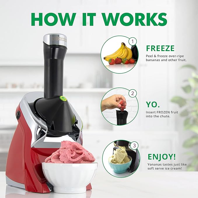 Yonanas 988RD Deluxe Vegan, Dairy-Free Frozen Fruit Soft Serve Maker, Includes 75 Recipes, 200 W, Red