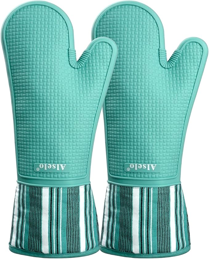 Alselo Silicone Oven Mitts Heat Resistant 550 Degree Extra Long Kitchen Gloves Pot Holders with Waterproof and Non-Silp for Baking Cooking Barbecue Microwave Machine Washable (Extra Long Blue, 2)