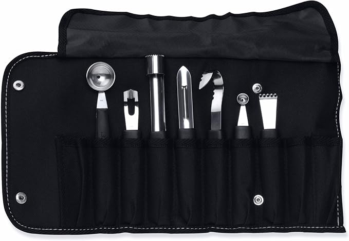 BergHOFF Essentials 8Pcs Garnishing Set in Bag, Lemon Zester, Double & Single Melon Baller, Channel Knife, Butter Curler, Peeler, Apple Corer, Great for Gift, Professional & Domestic Use
