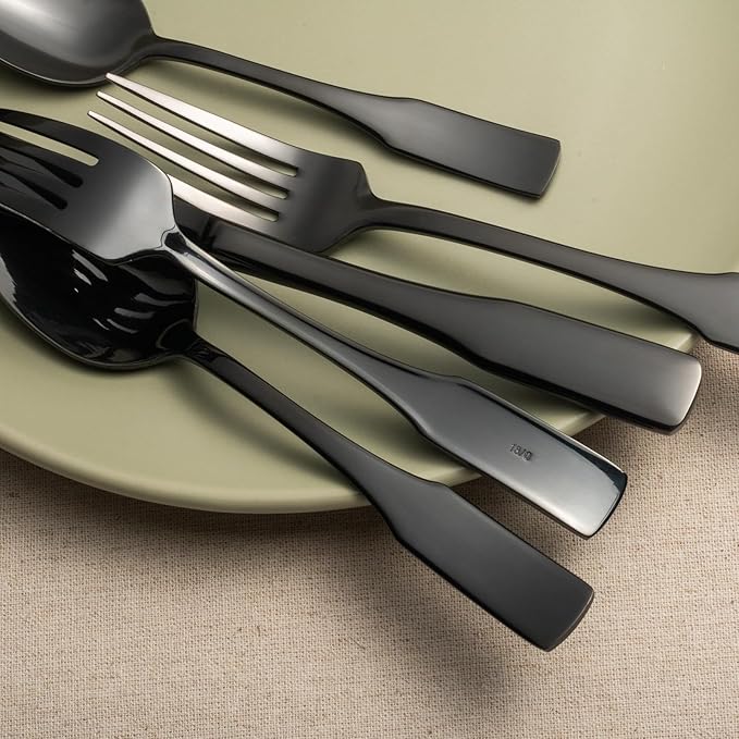 Alata Kate Black Mirror 45-Piece Silverware With Utensil-Serving Set, Service for 8, Stainless Steel Flatware, Mirror Polished Cutlery, Dishwasher Safe