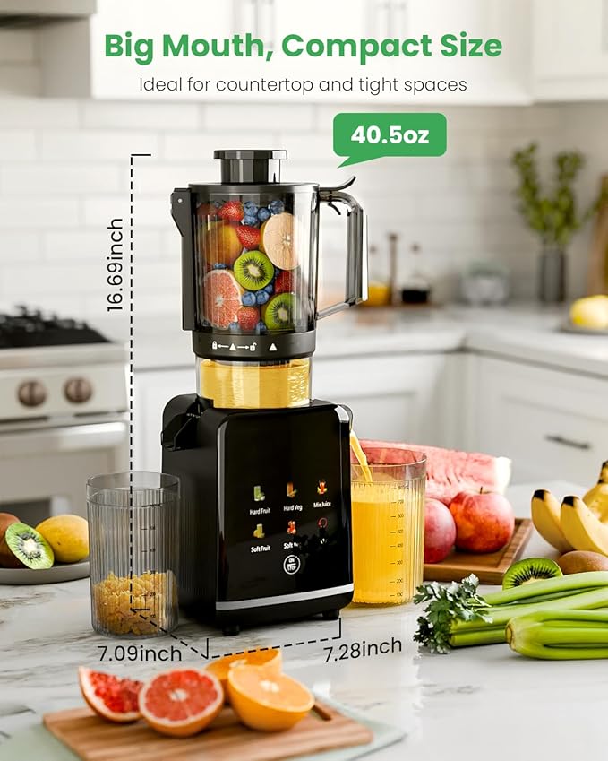 Kismile Cold Press Juicer Machine with 5 Modes, ABS Housing & HD Display, 4.5" Wide Feed Chute Slow Juicer for Fruits & Vegetables, Quiet Masticating Juicer Press, Easy to Clean, High Juice Yield