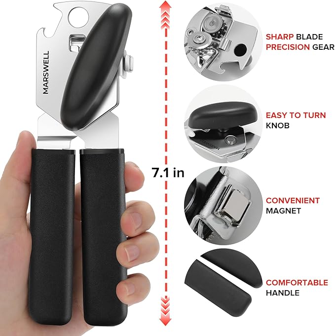 MARSWELL Manual Can Opener with Comfy Grip, Easy Turn Knob & Magnetic Lid Lifter, Smooth Cutting Hand Held Can Opener for Seniors, Arthritis & Weak Hands, Heavy Duty Kitchen Tool, Black