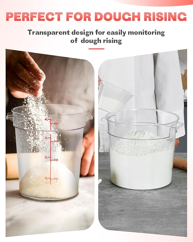 2QT NSF Food Storage Containers: 8 PCS [Food Grade][Hot&Cold Resistant] Commercial Clear Round Food Storage Containers with Scales Handles for Home Restaurant Kitchen Proof Dough(BPA FREE)
