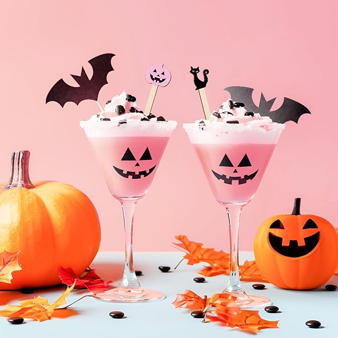 JarThenaAMCS 120Pcs Halloween Coffee Stirrers Disposable Pink Black Ghost Bat Cat Pumpkin Stir Sticks Wooden Drink Stirrer for Hot Chocolate Milkshake Restaurant Home Office