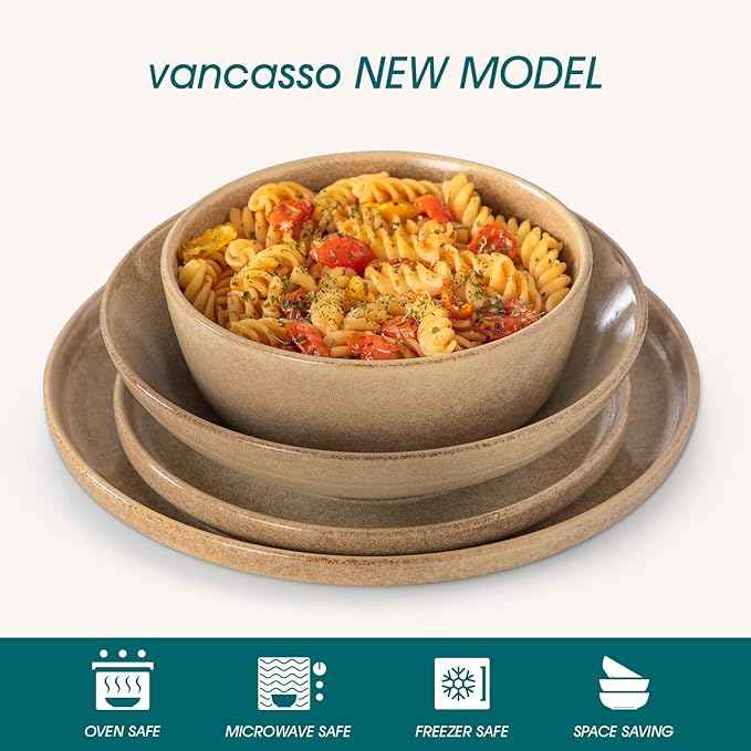 vancasso ANYA 24 Pieces Plates and Bowls Set, Caramel Dinnerware Sets, Reactive Glaze Dishes Set for 6, Ceramic Dishware Sets Kitchen Dinner Set, Microwave & Dishwasher Safe