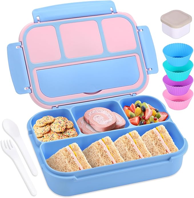 shell and turtle Bento Box Adult Lunch Box, Lunch Containers for Kids Girls Boys with 4 Compartments, Lunchable Food Container with Utensils, Sauce Jar, Muffin Liners, 40 Oz/5 Cup, Blue Pink