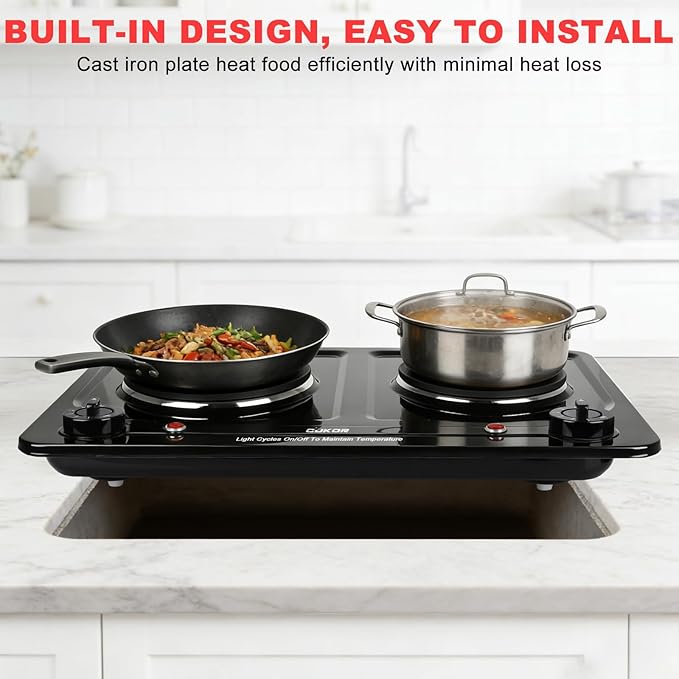 Double Burner Electric Hot Plate, 1800W Cast Iron Heating with Adjustable Temperature Control, Stainless Steel Body for Home, Dorm & Commercial Use