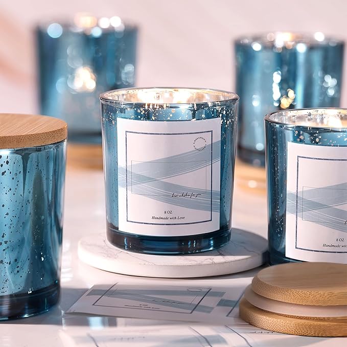 LAMORGIFT 15 Pack Glass Candle Jars with Lids (8oz, Lake Blue) - Candle Making Jars Containers for Making Candles - Mercury Glass Candle Jars Include 20 Pcs Labels